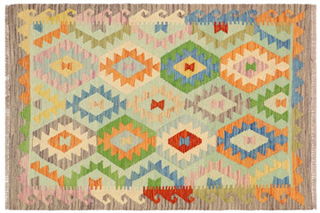 Flat Weave Kilim, Antique, Navaho, Vintage, Handmade, Geometric Kilim Blue Gray Hand-Woven Rectangle 100% Wool Area Rug 3 x 5